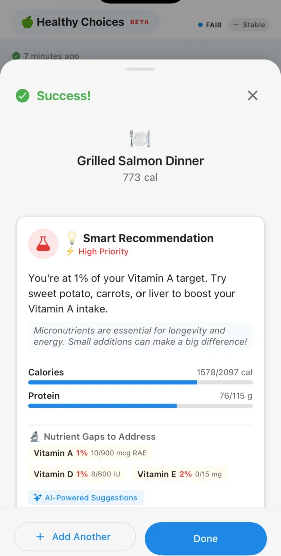 Healthy Choices AI nutrition insights showing a Smart Recommendation after logging Grilled Salmon Dinner with personalized vitamin and macro guidance
