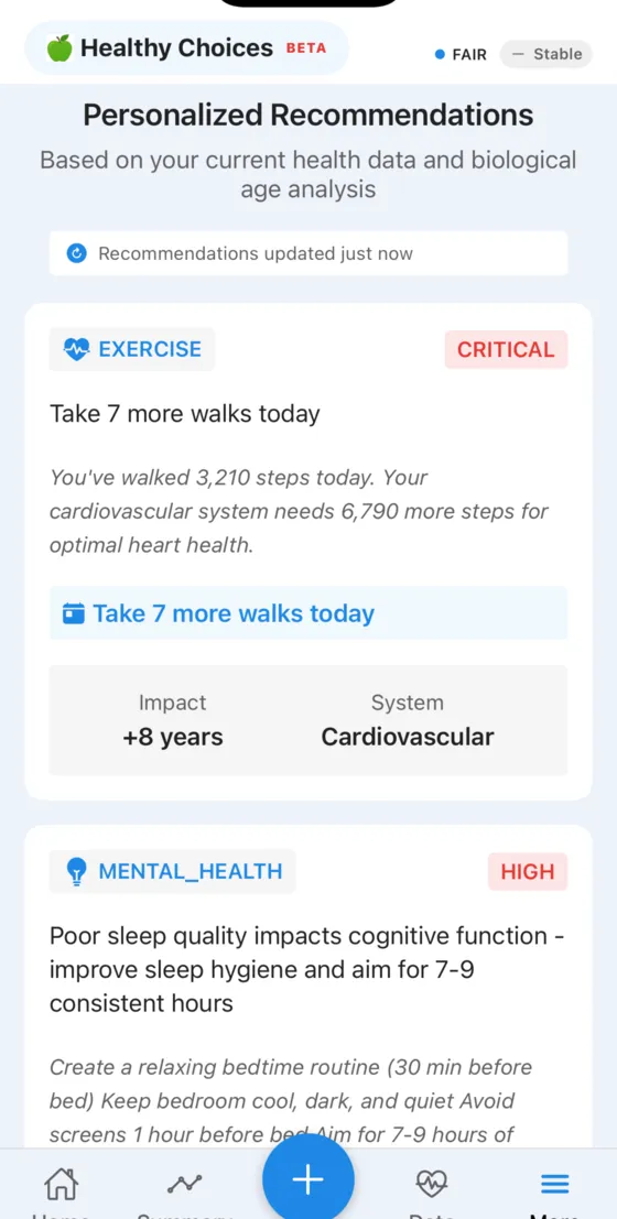 Healthy Choices personalized recommendations showing exercise and mental health insights based on your health conditions and biological age